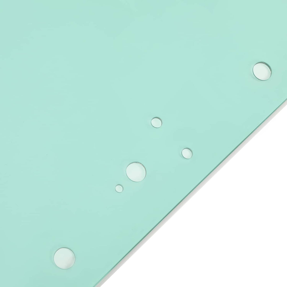 Close-up of light blue-green cab door glass corner with circular mounting holes.