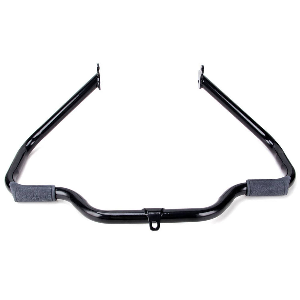 Black engine crash guard bar with padded sleeves on the curved guard