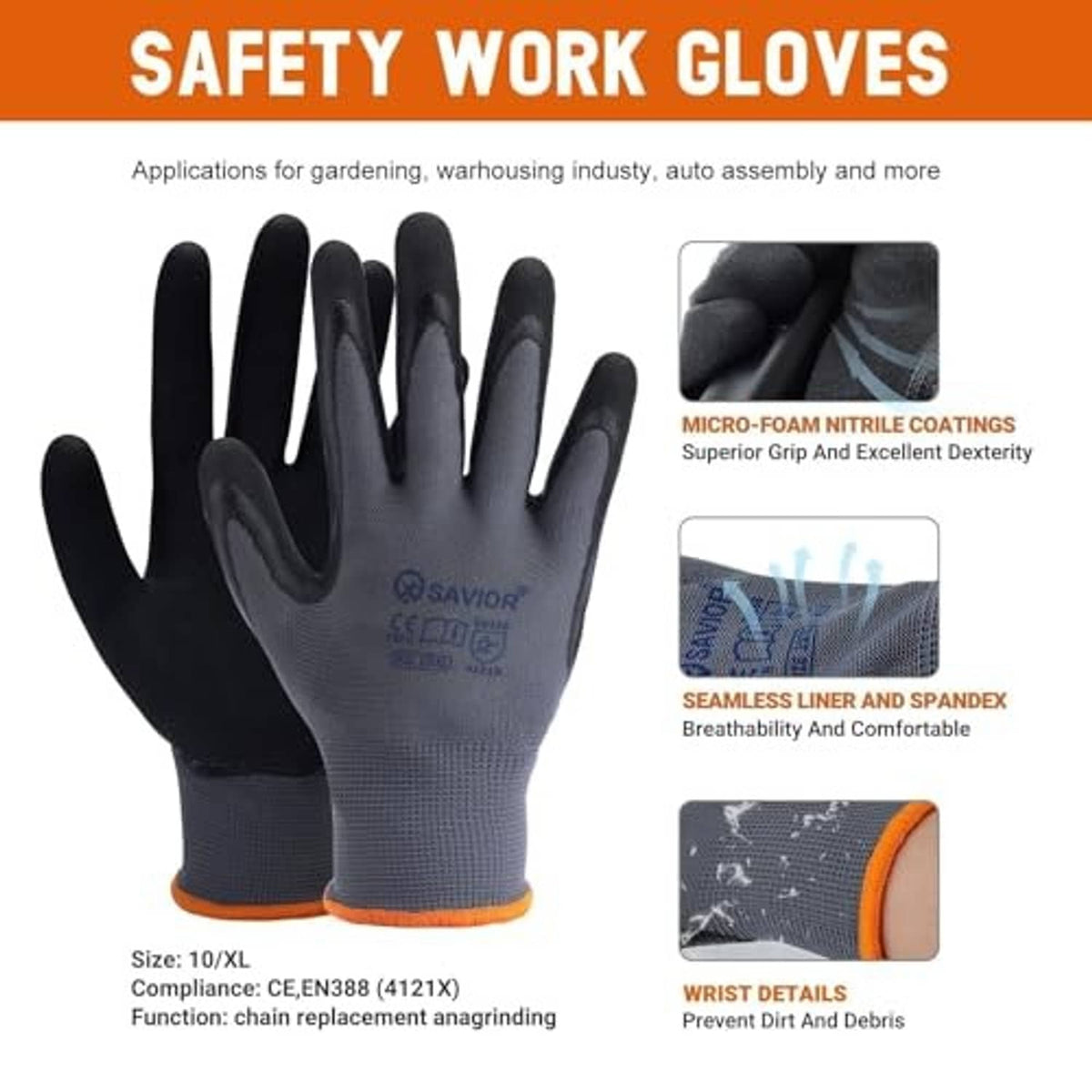 Safety work gloves with black nitrile coating and orange wrist trim, size 10/XL