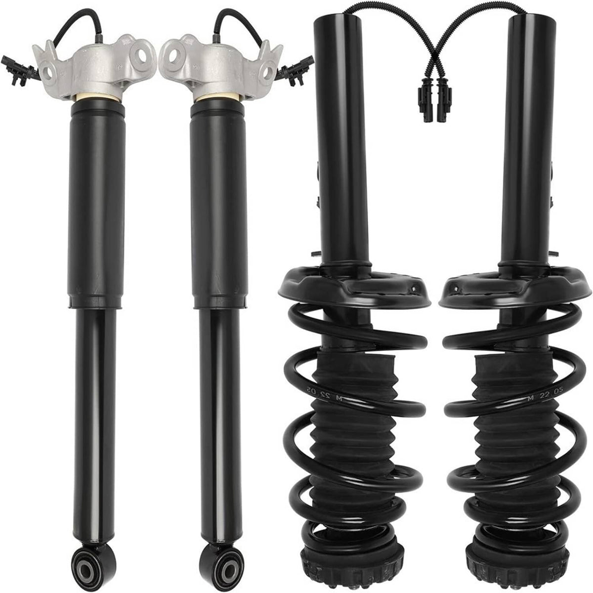 Shock strut assembly set with two black dampers, gray mounts, and coil springs