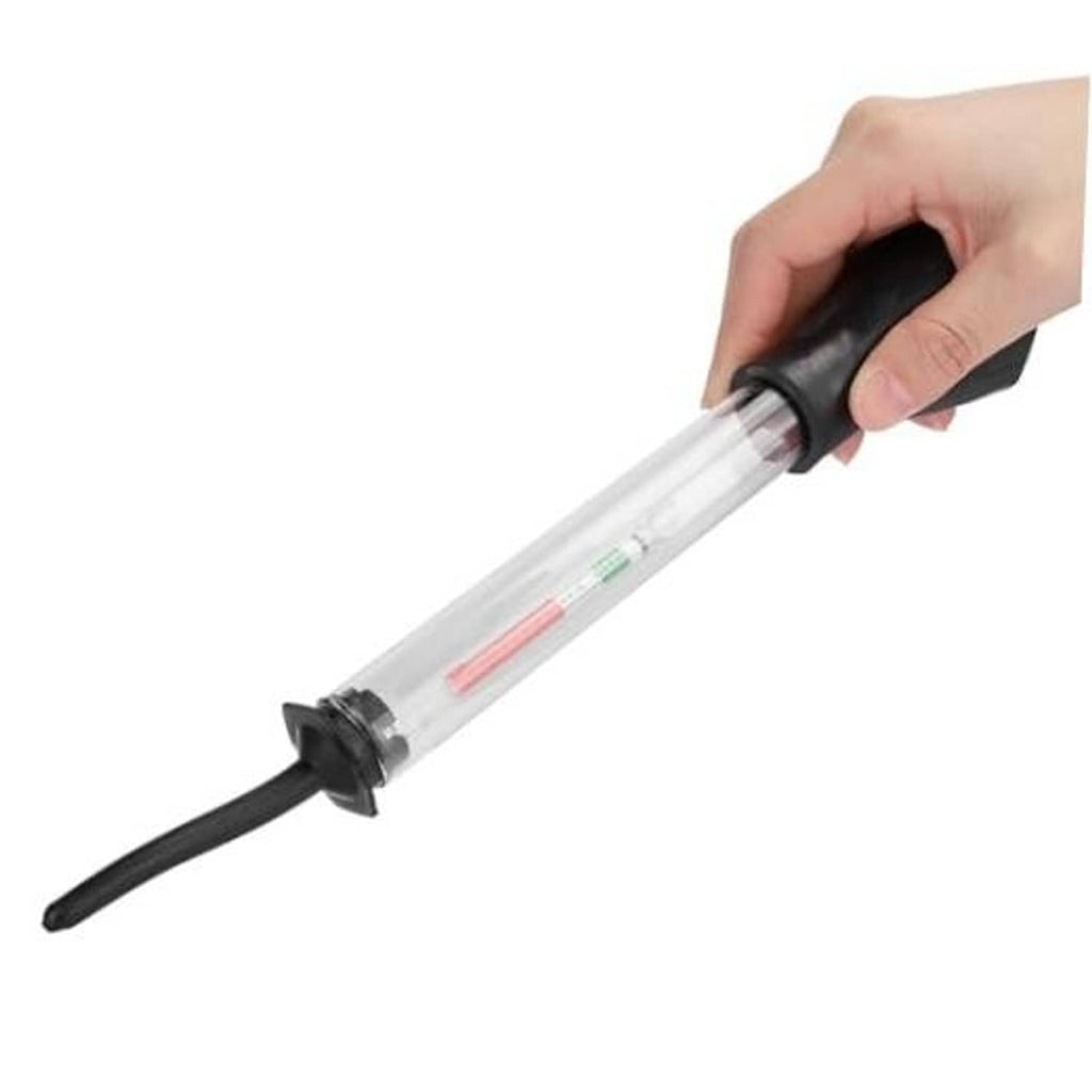 Battery hydrometer tester with clear glass tube, black rubber ends, held by hand