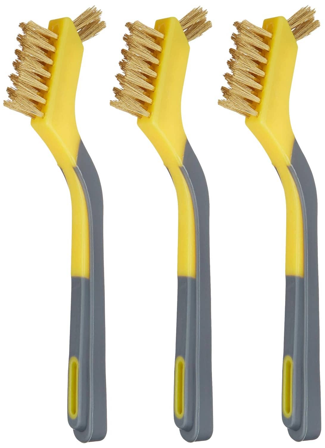 Three mini brass wire cleaning brushes with yellow heads and gray soft-grip handles