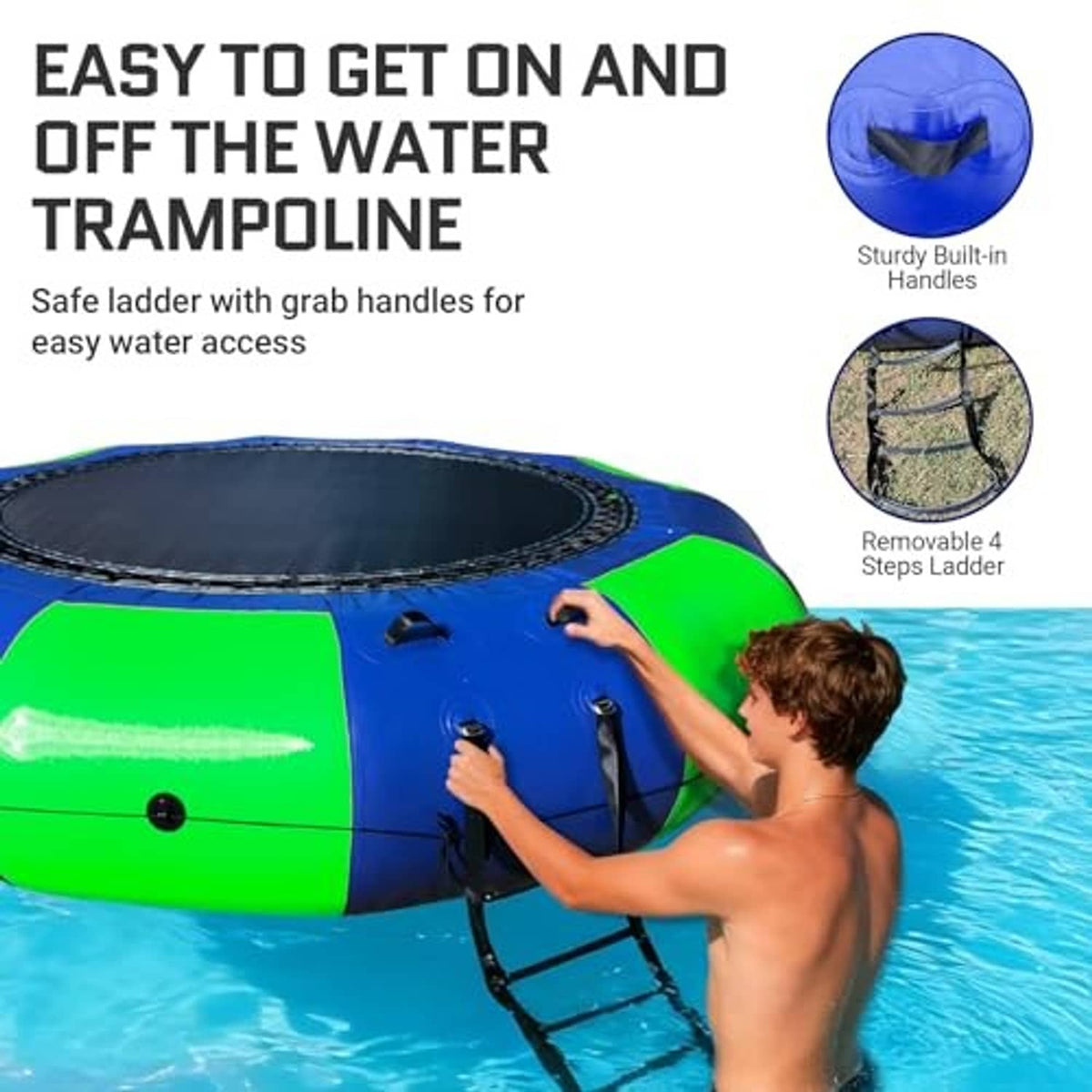 Blue and green inflatable water trampoline with removable ladder and handle steps