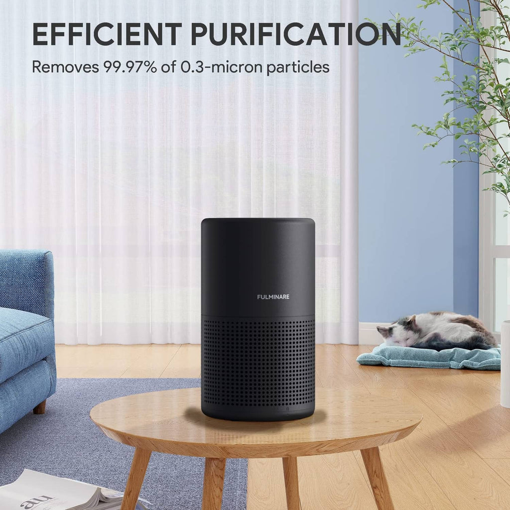 Black FULMINARE air purifier on round wooden table with front vent