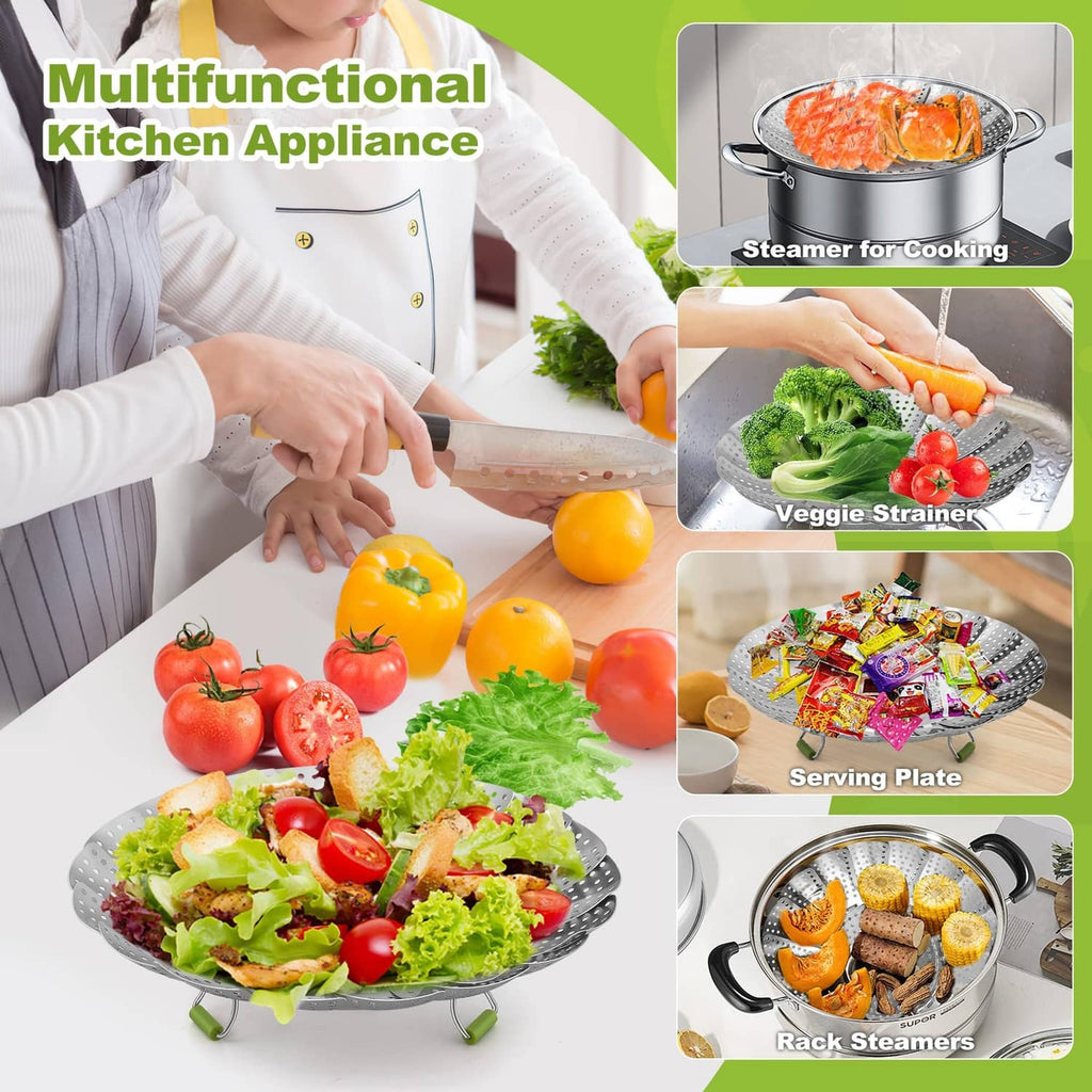 Multifunction stainless steel steaming basket with lifting handle and removable plate