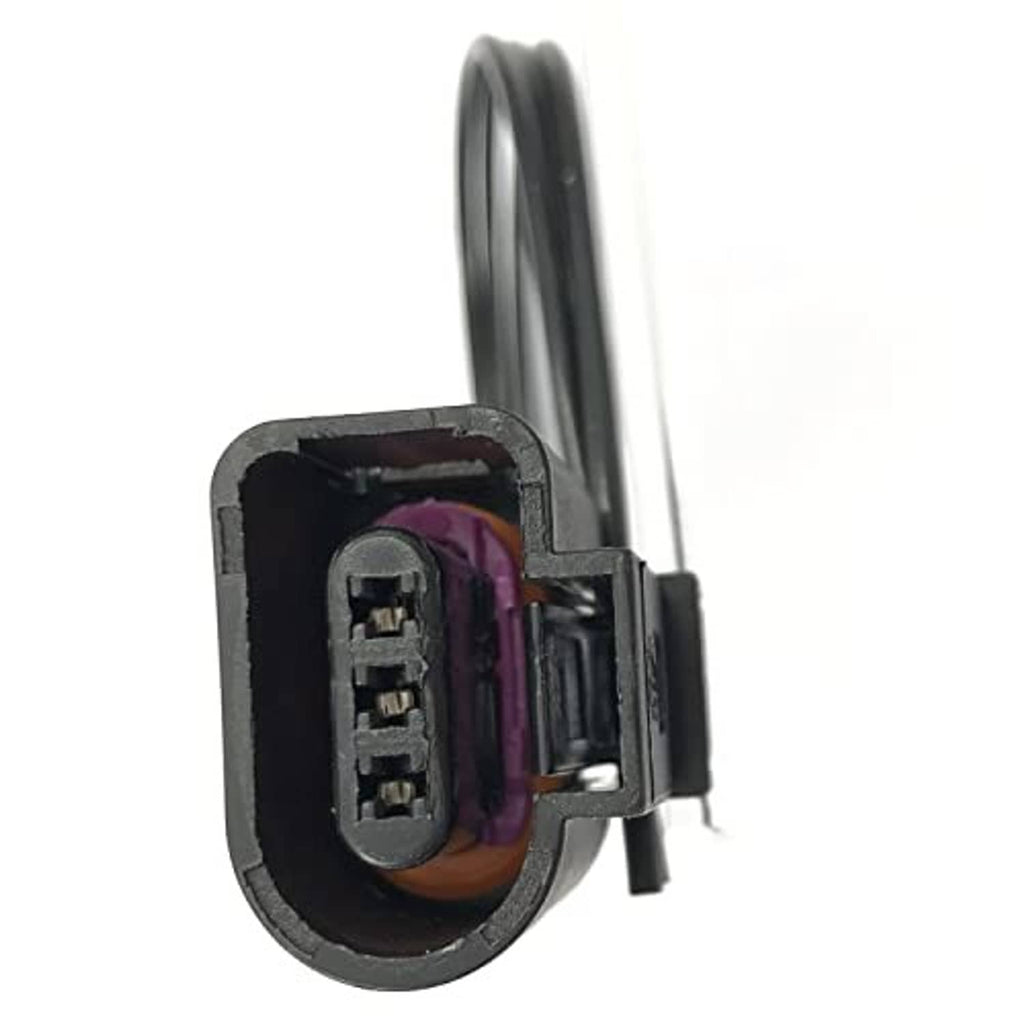 3-pin connector pigtail showing exposed contacts inside black housing, purple seal