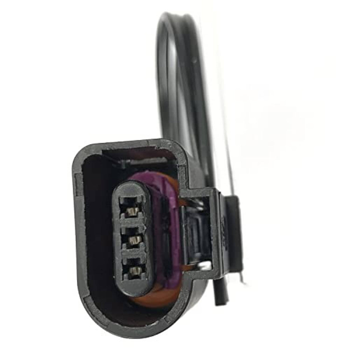 3-pin connector pigtail showing exposed contacts inside black housing, purple seal