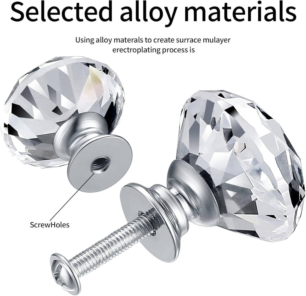 Crystal diamond cabinet knob showing screw holes, metal base, and included mounting screw