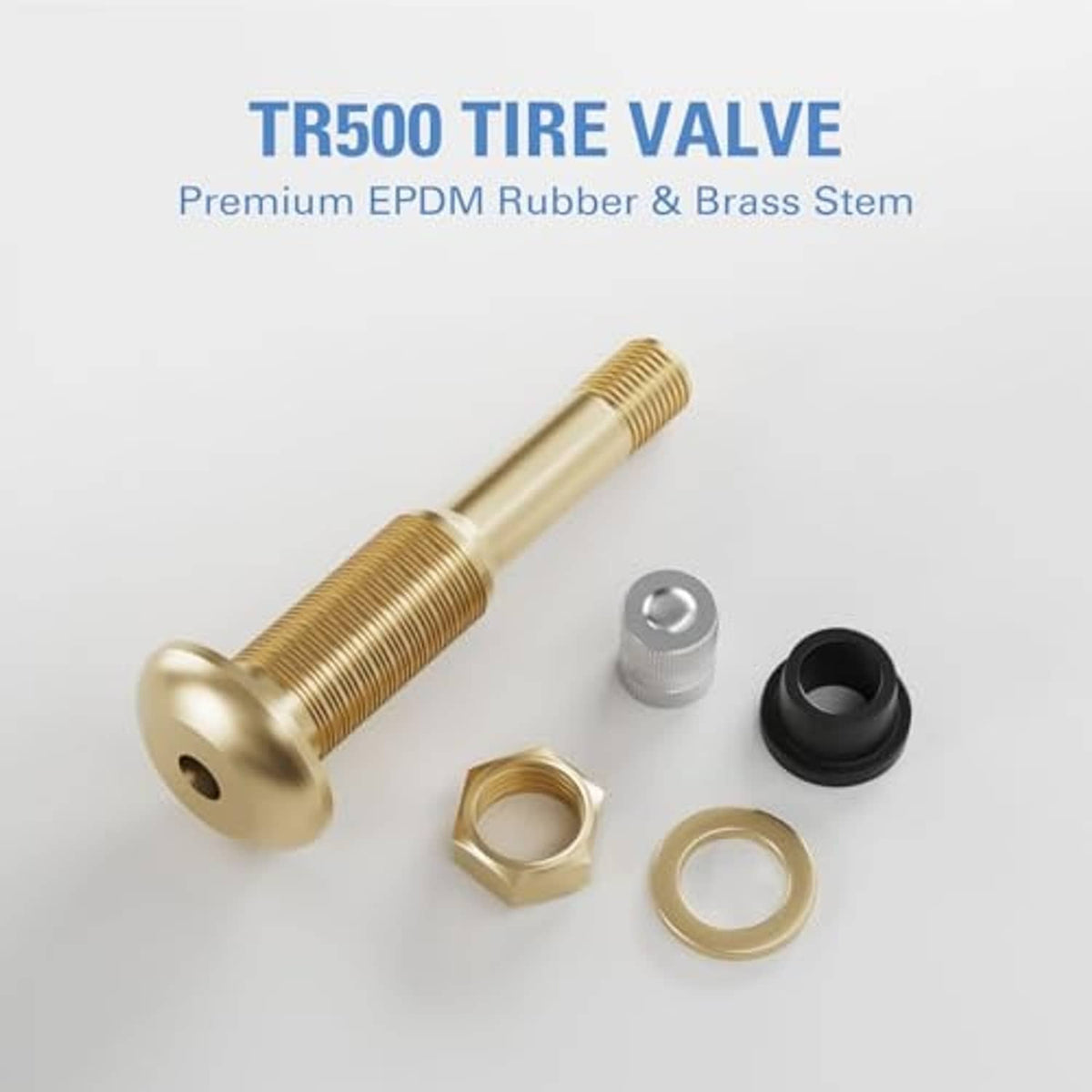 Brass tire valve stem with included nut, washer, and black rubber seal pieces