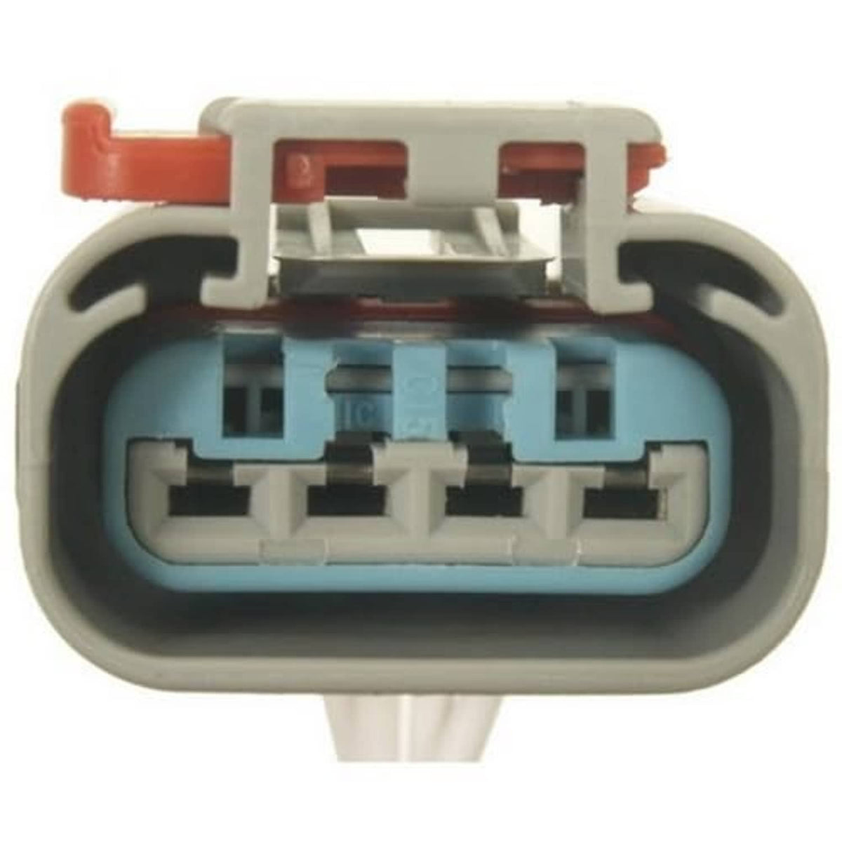Throttle body connector pigtail front view with blue insulator and red mounting tab