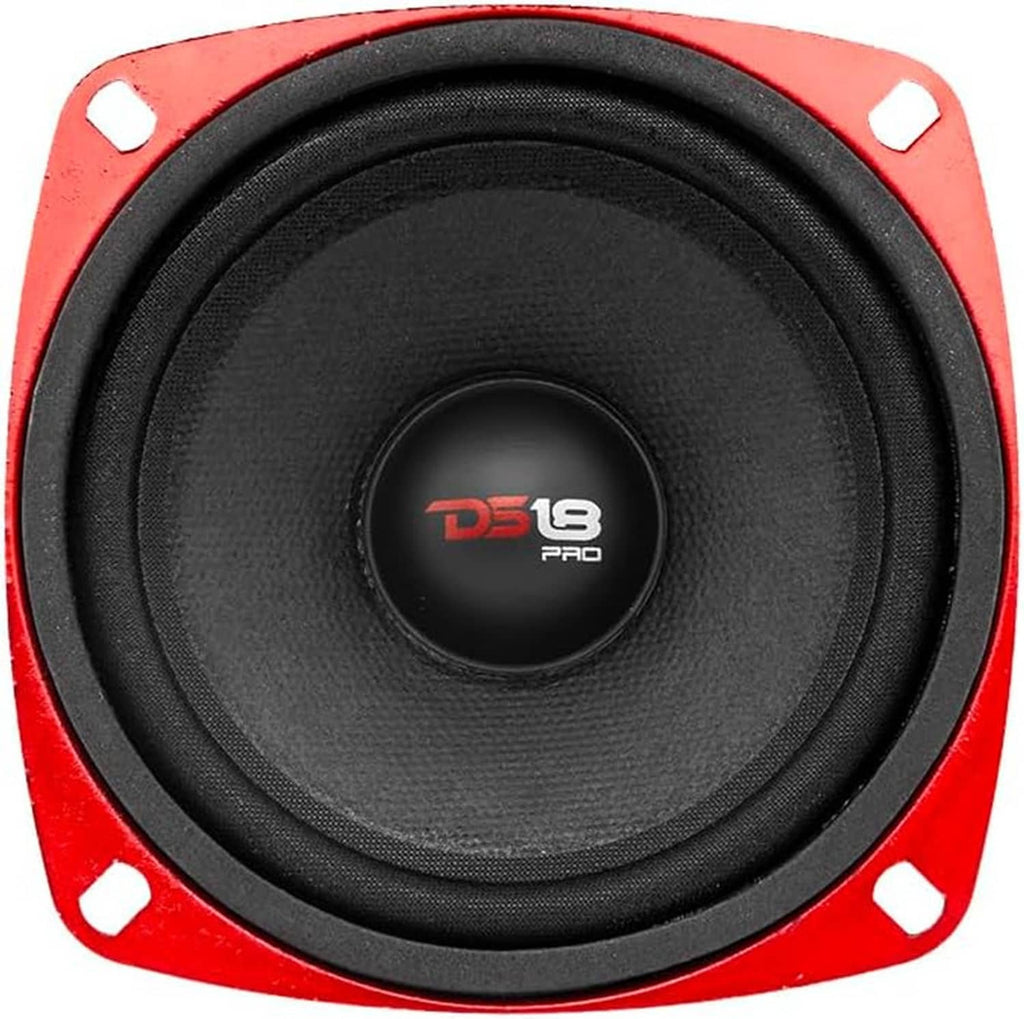 4-inch midrange loudspeaker front view with black cone and DS18 Pro center cap