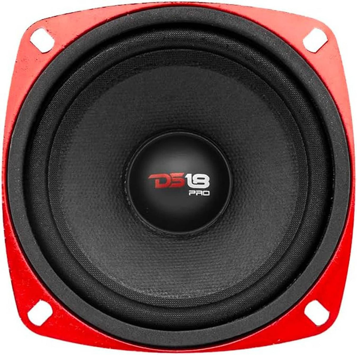 4-inch midrange loudspeaker front view with black cone and DS18 Pro center cap