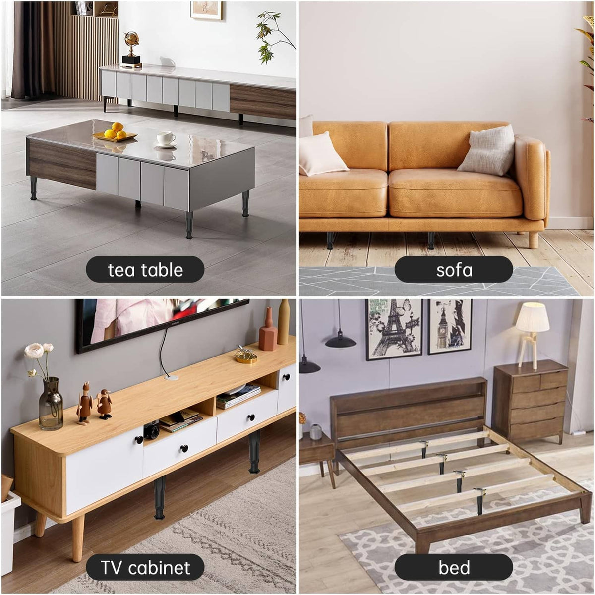 Black plastic adjustable bed frame legs supporting a bed platform