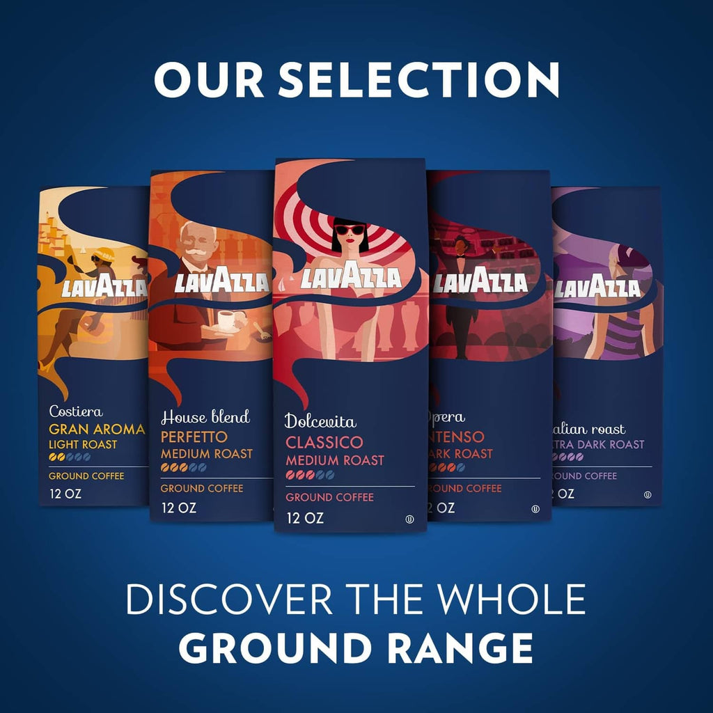 Assorted Lavazza ground coffee bags with various label designs, 12 oz