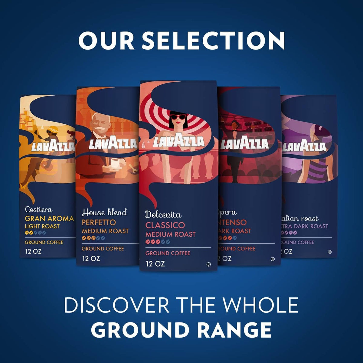 Assorted Lavazza ground coffee bags with various label designs, 12 oz