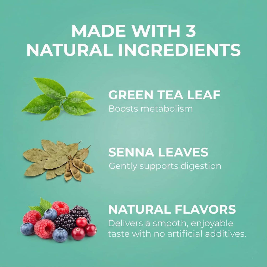 Natural ingredients graphic with green tea leaf, senna leaves, and natural flavors