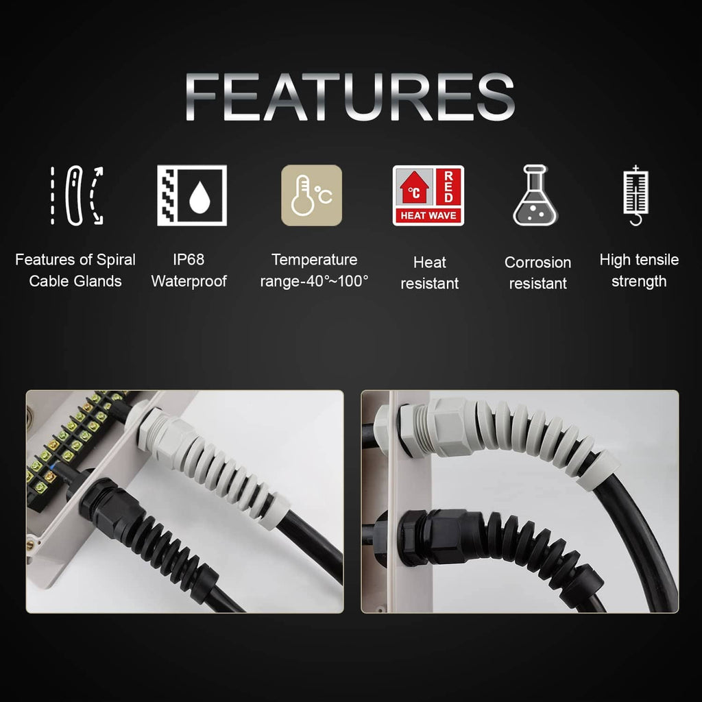 Spiral grey waterproof cable gland with rubber seal and threaded connector for cables