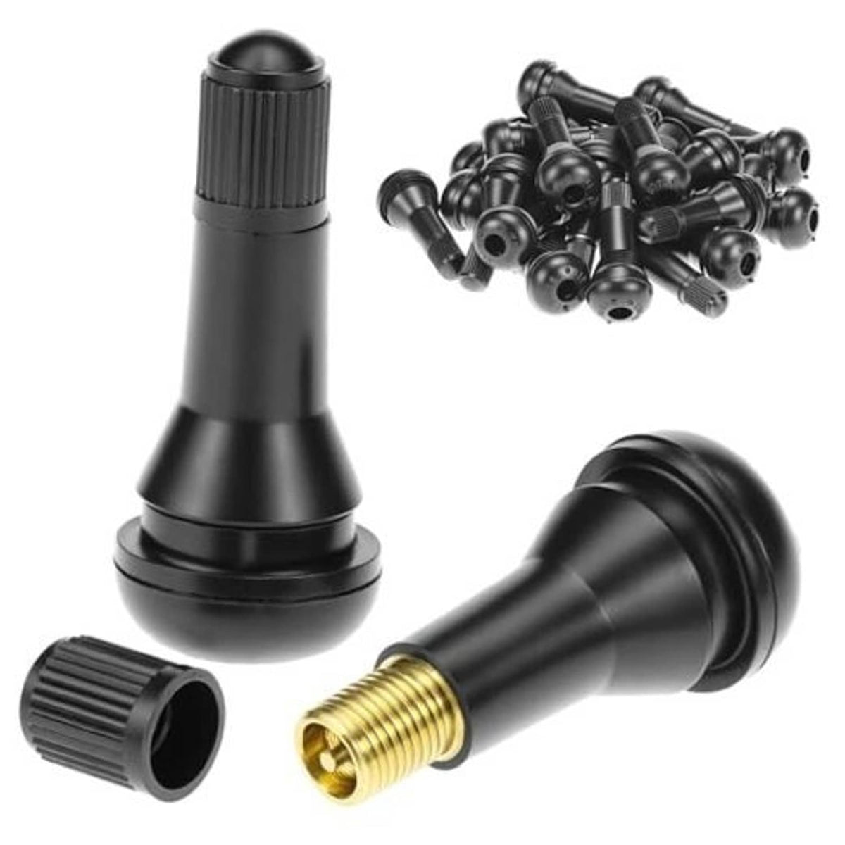Rubber snap-in tire valve stem with brass core and black EPDM body