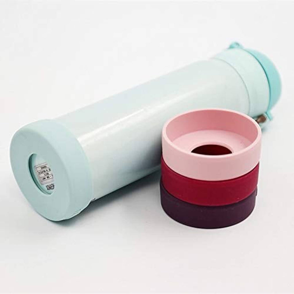 Light blue silicone bottle base sleeve with pink ring and maroon outer band