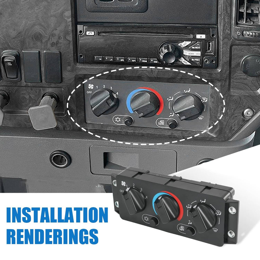 A/C climate control module panel mounted on dashboard, black knobs and blue/red center ring