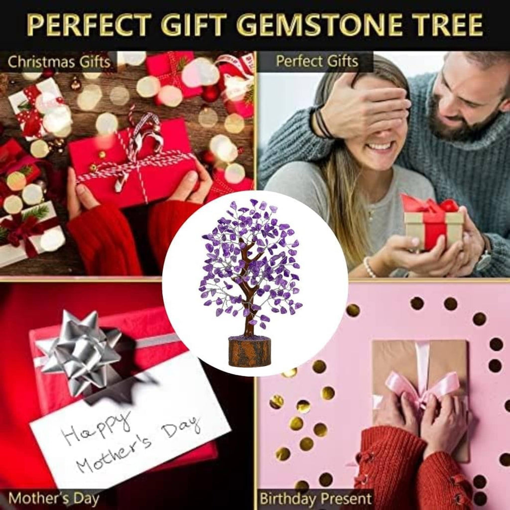 Amethyst gemstone tree ornament with purple crystal leaves on a small round wooden base