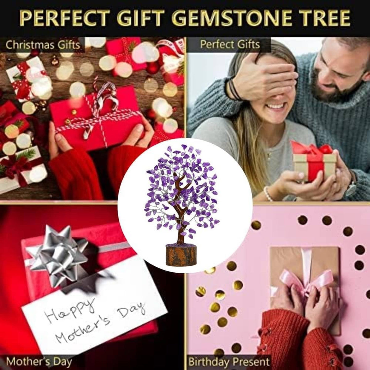 Amethyst gemstone tree ornament with purple crystal leaves on a small round wooden base