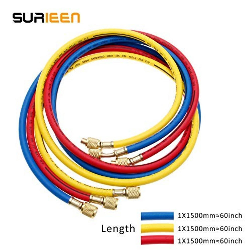 Three refrigerant hoses bundled together: blue, yellow, and red with brass end connectors
