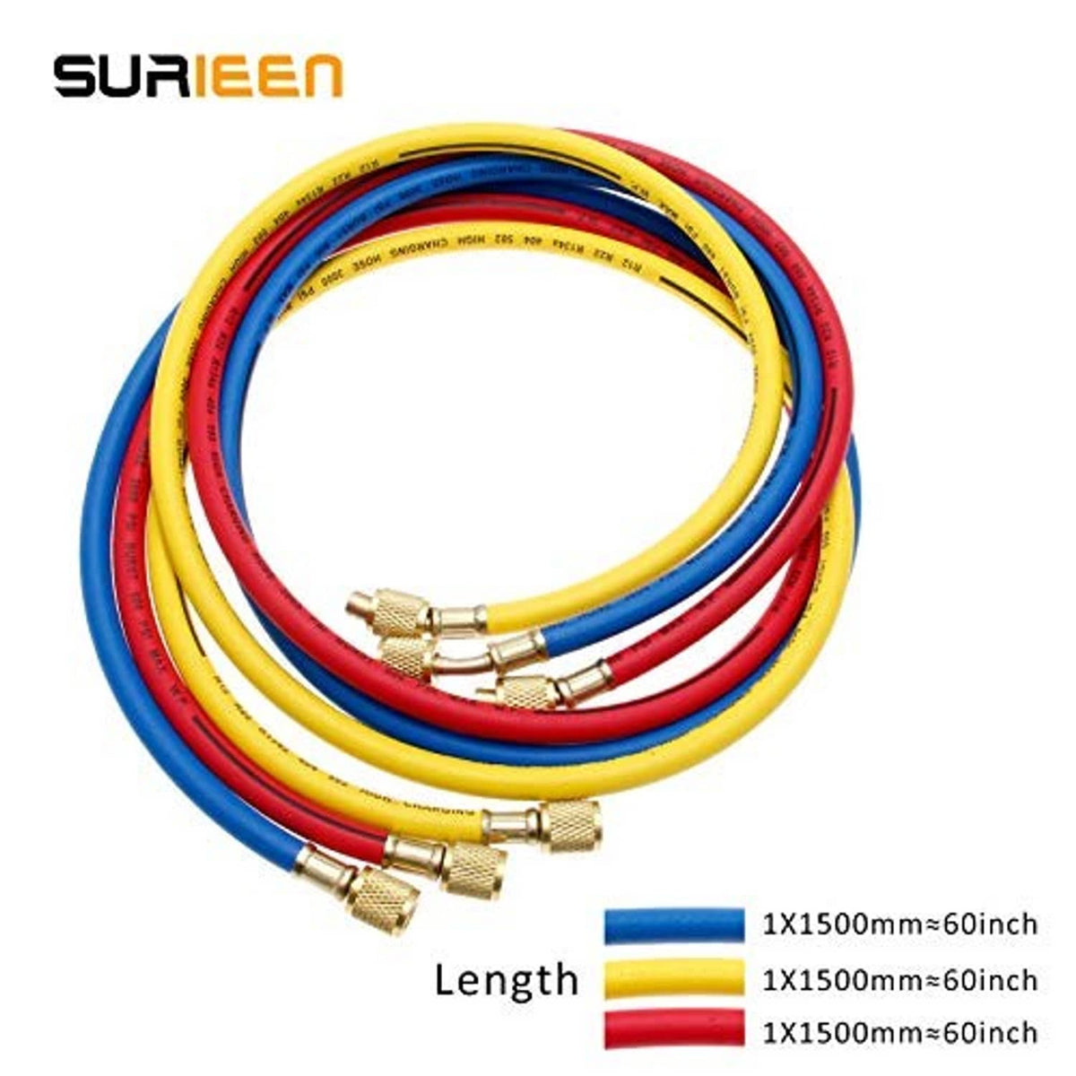Three refrigerant hoses bundled together: blue, yellow, and red with brass end connectors