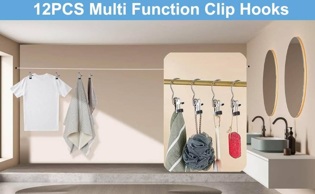 Set of multi-purpose clip hooks hanging shirts and clothes on a closet rod