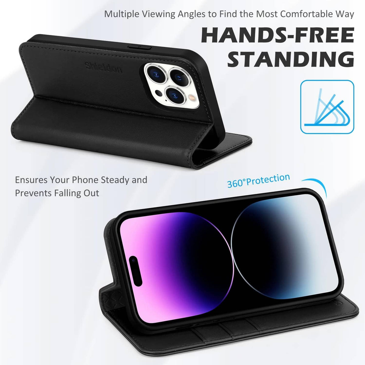 Black leather phone wallet case folded into a hands-free stand for viewing