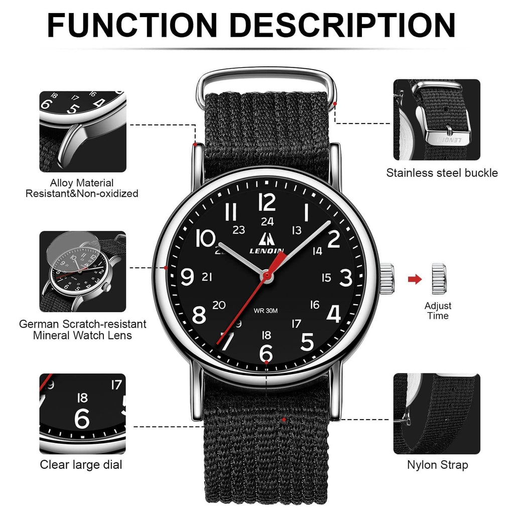 Men's analog sport watch with black dial, red accents, black nylon strap and silver buckle
