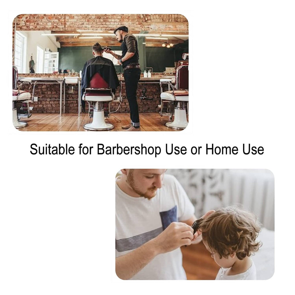 Red barber cape for barbershop and home use with styling examples