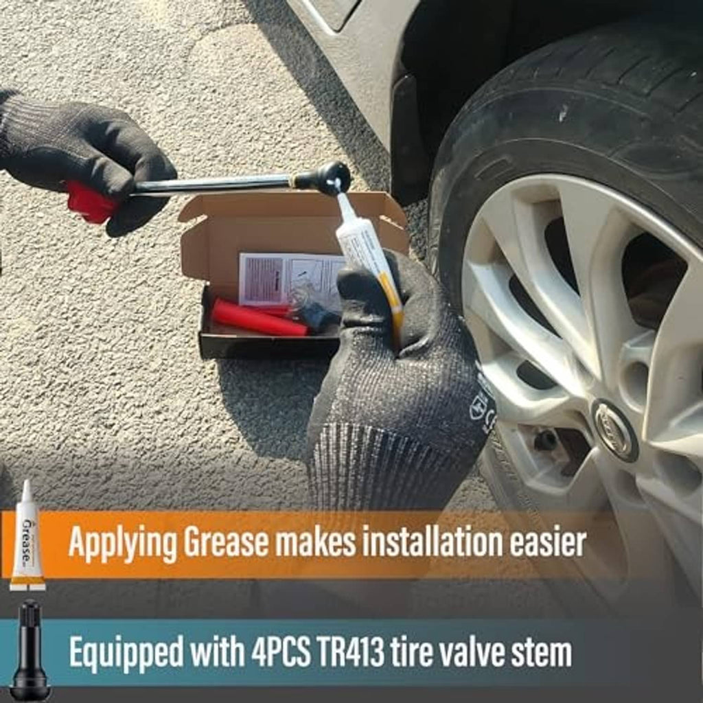 Tire valve stem tool and grease applying on car wheel, with parts box nearby