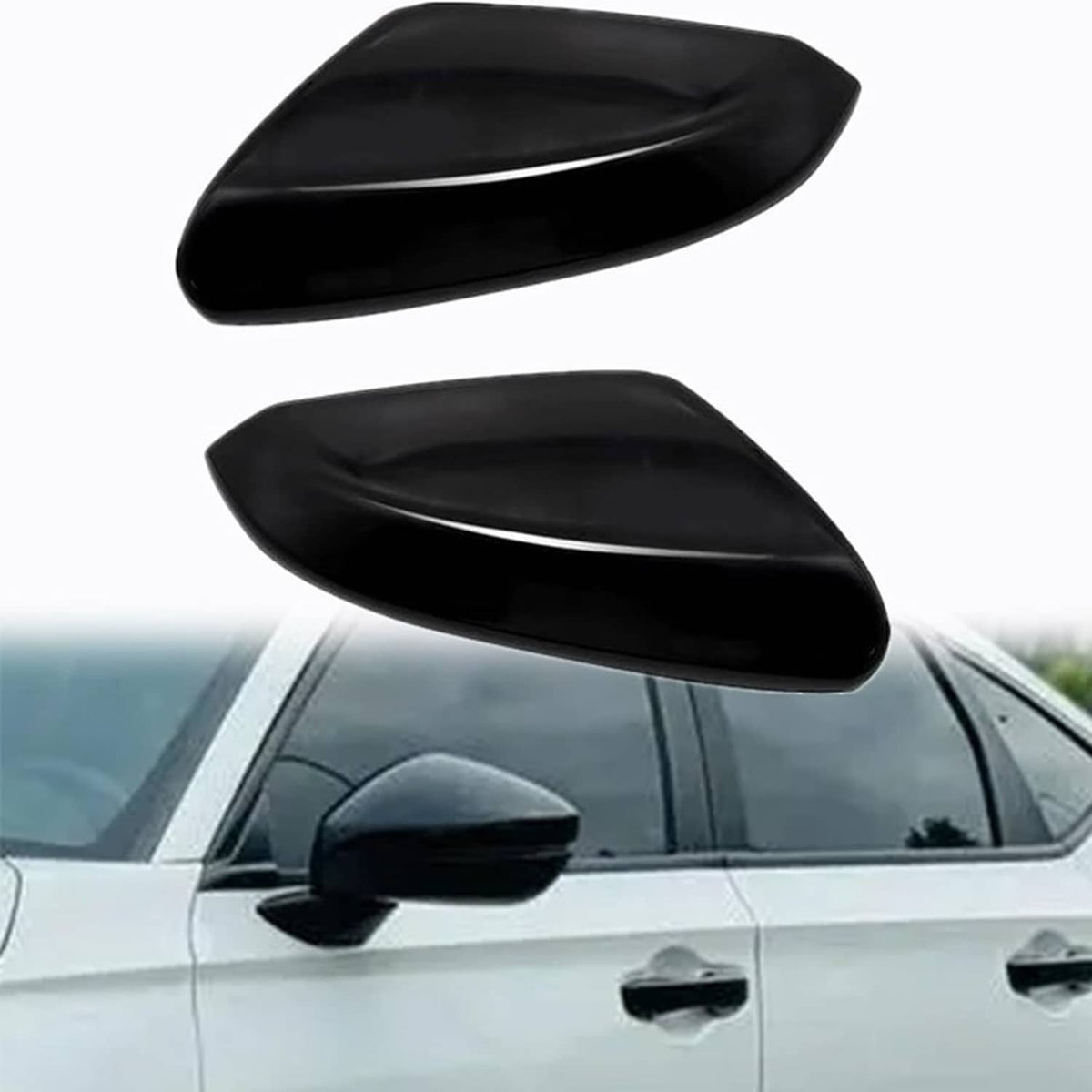 Pair of glossy black side mirror cap covers, aerodynamic teardrop shape