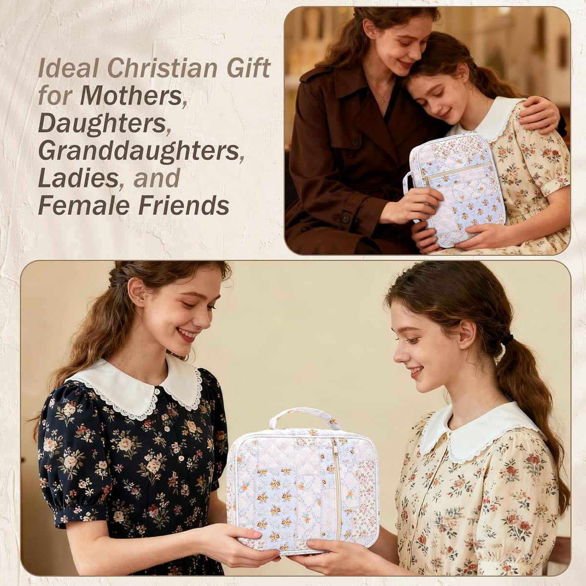 Floral Bible bag held by two people, zippered front and stitched fabric design