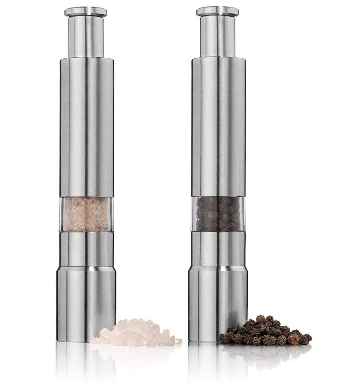 Stainless steel salt and pepper push-button grinders, two units with visible spices inside