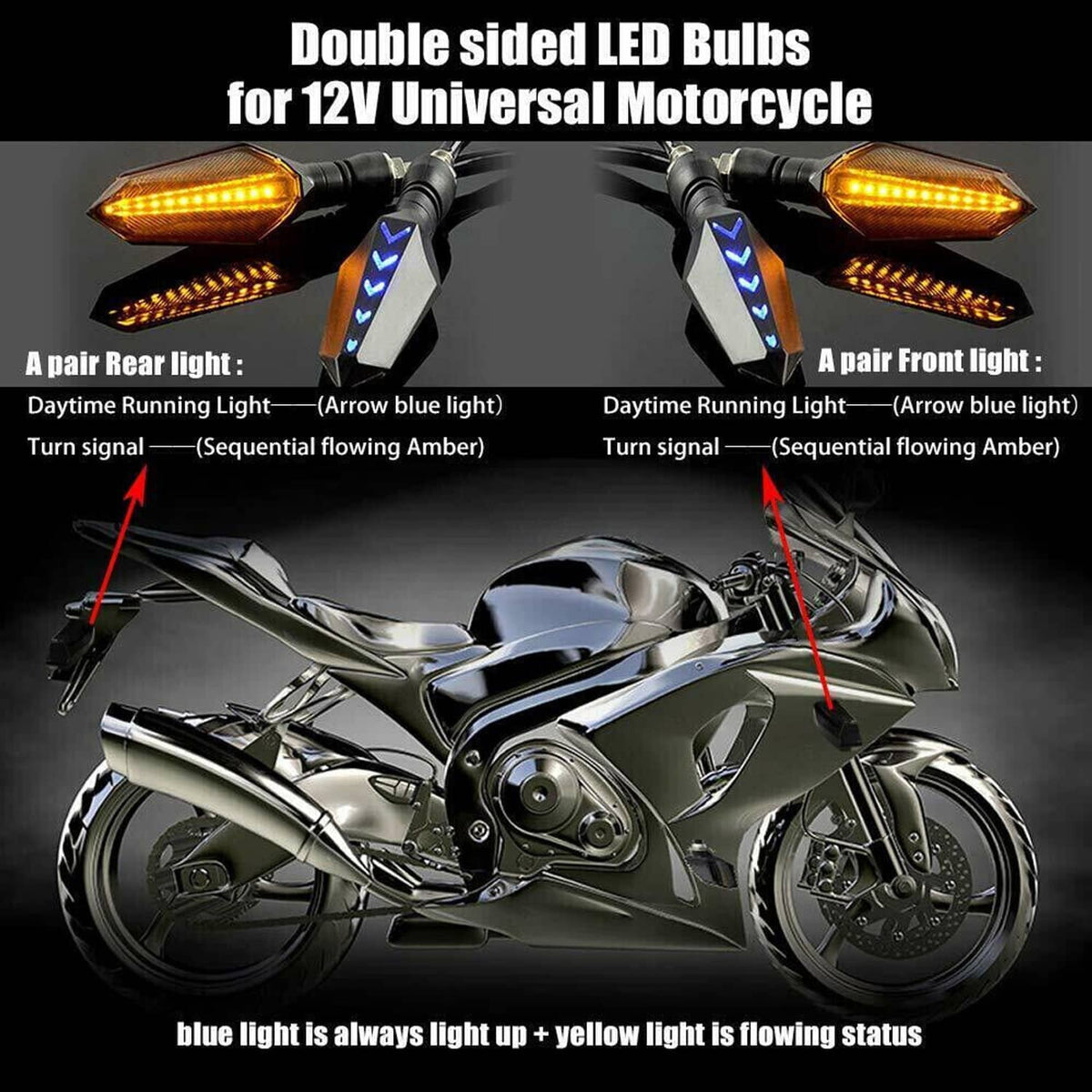 Set of amber LED motorcycle turn signals with blue arrow accents on front and rear lights