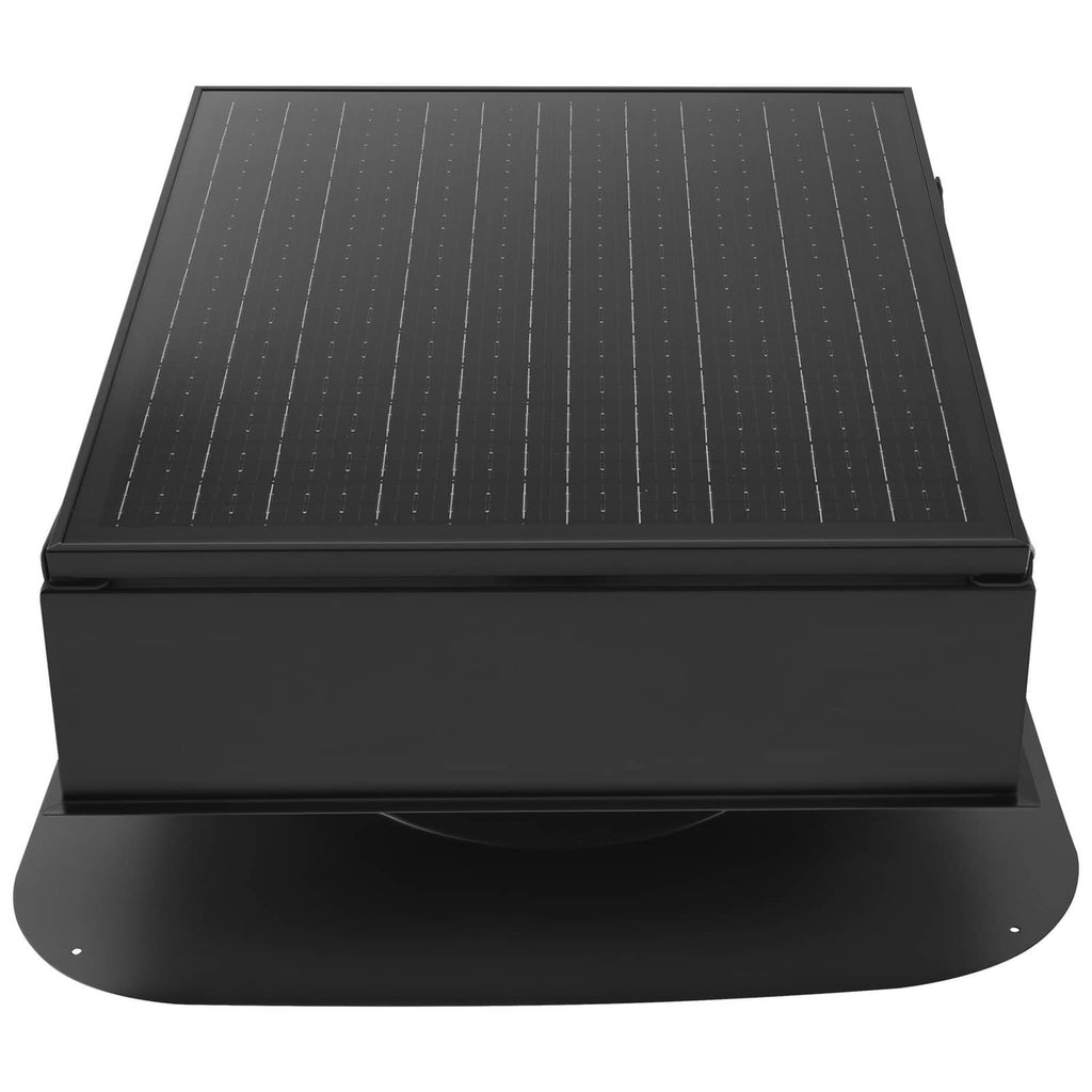 Black solar attic exhaust fan with flat rectangular solar panel on raised roof mount
