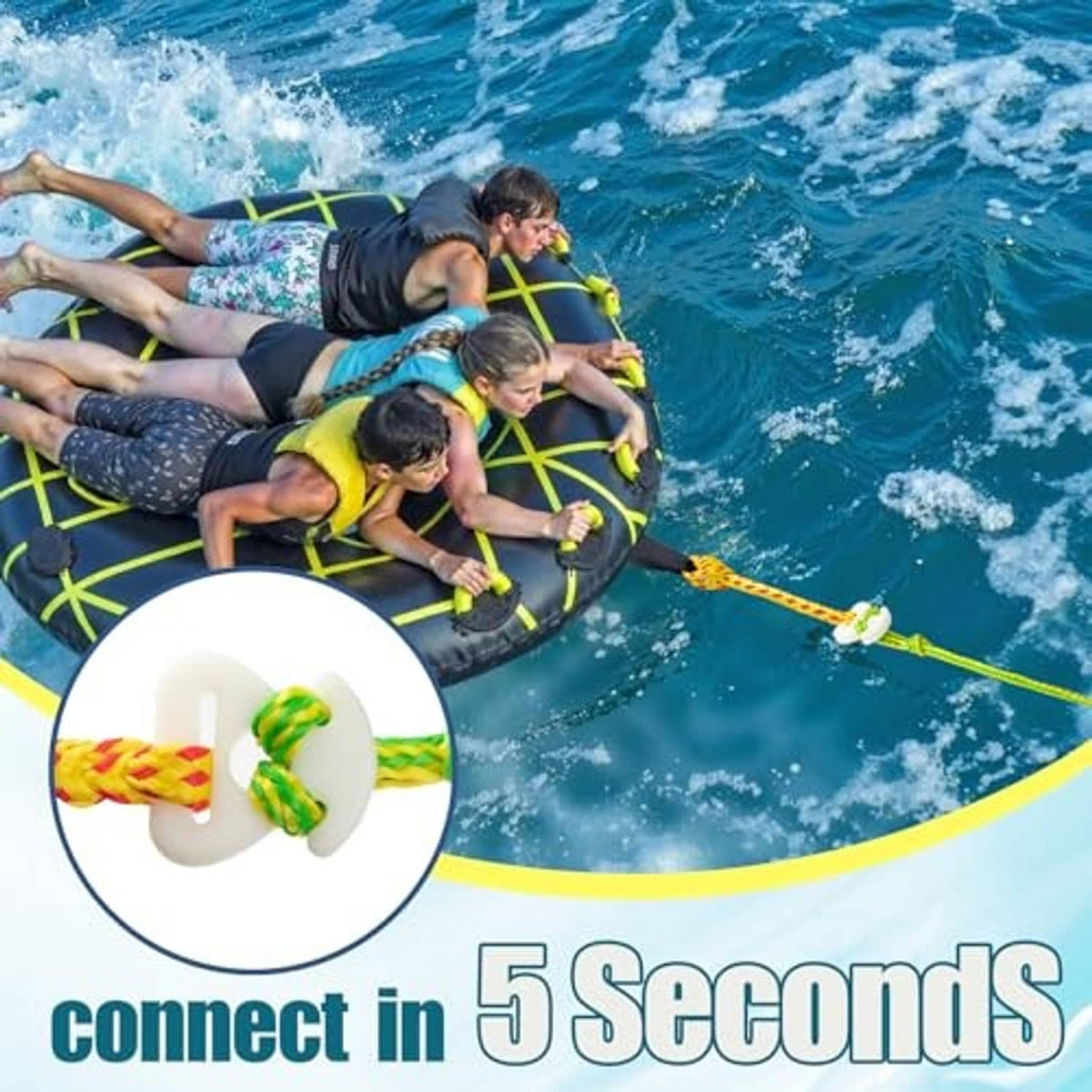 White tow-rope quick connector with red-yellow braided rope and green tether