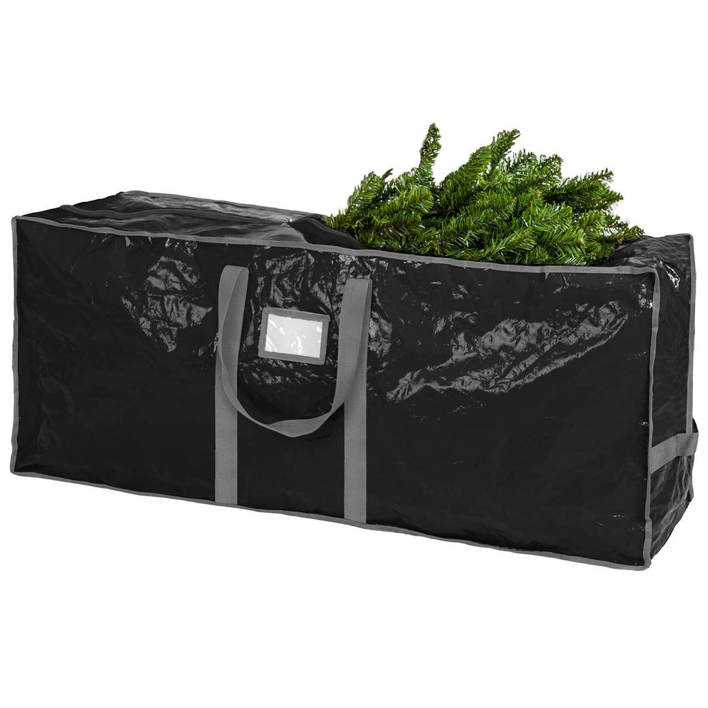 Black Christmas tree storage bag with side handles and artificial tree inside