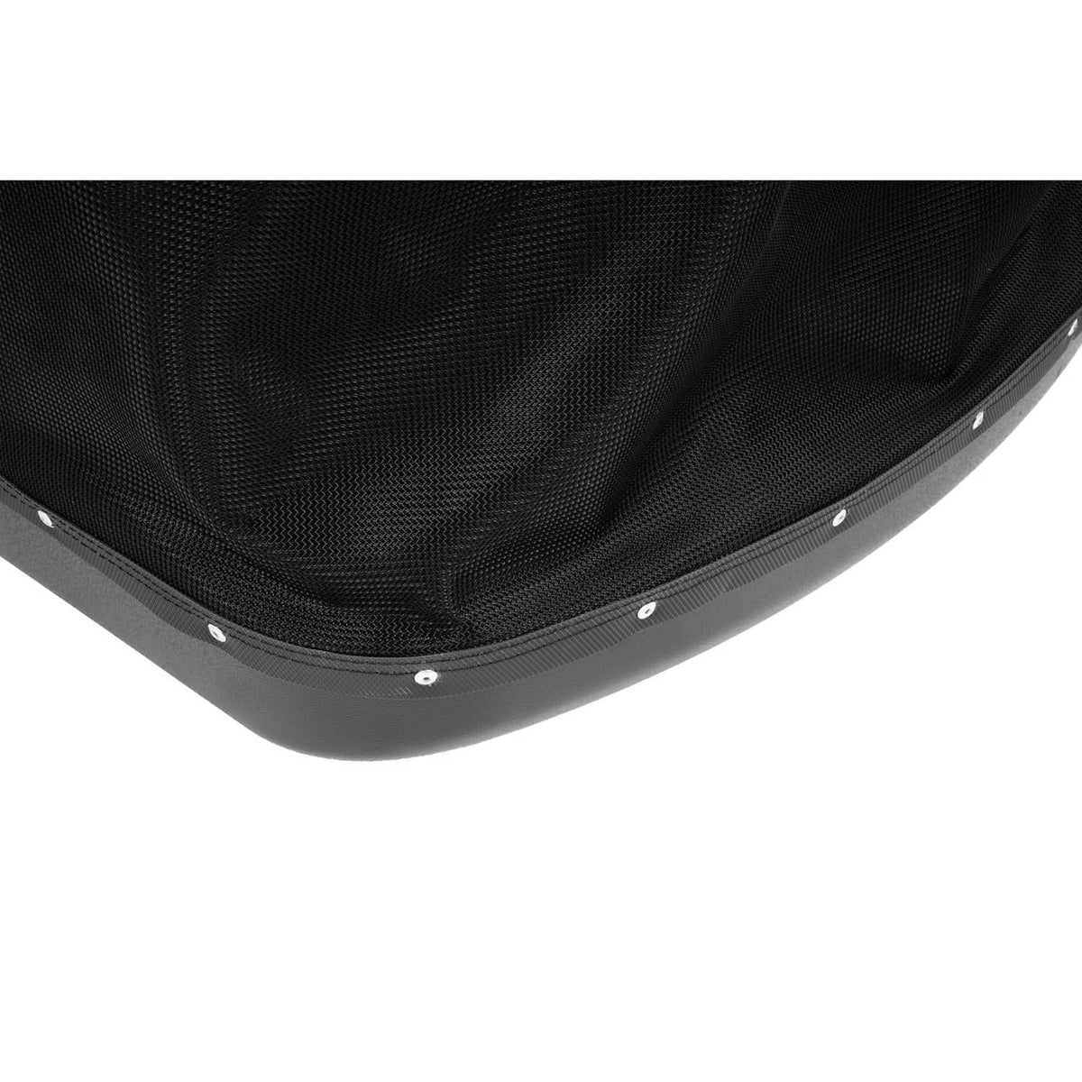 Black grass catcher bag corner with riveted bottom edge and textured fabric