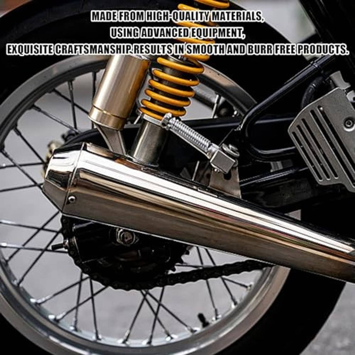Motorcycle exhaust header with orange-gold springs and stainless steel U-clamp fasteners