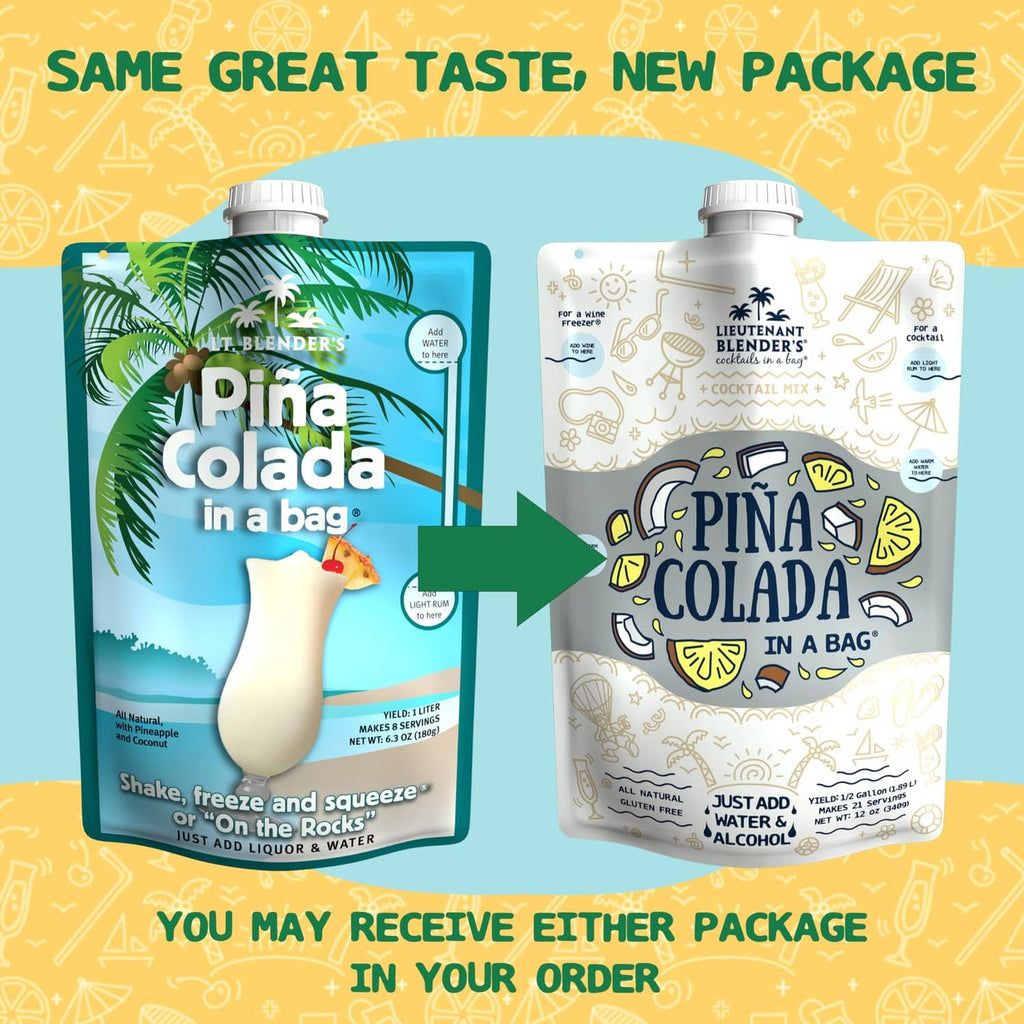 Pina colada cocktail mix pouches showing single bag and three-pack layout
