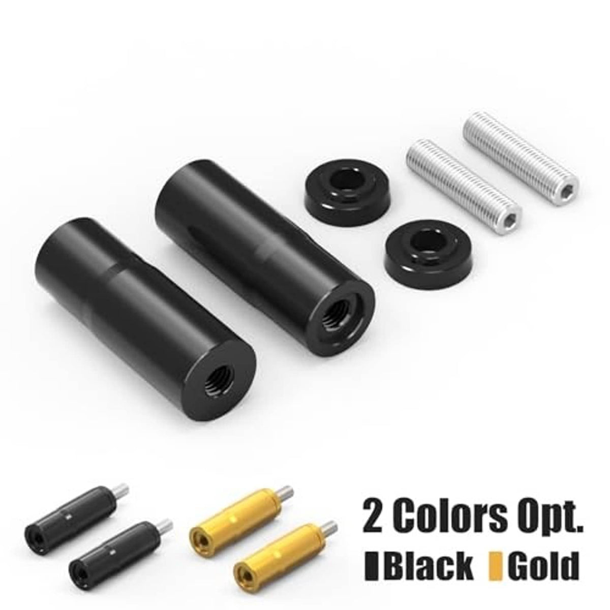 Black riser extension set: two spacers, washers, and silver bolts