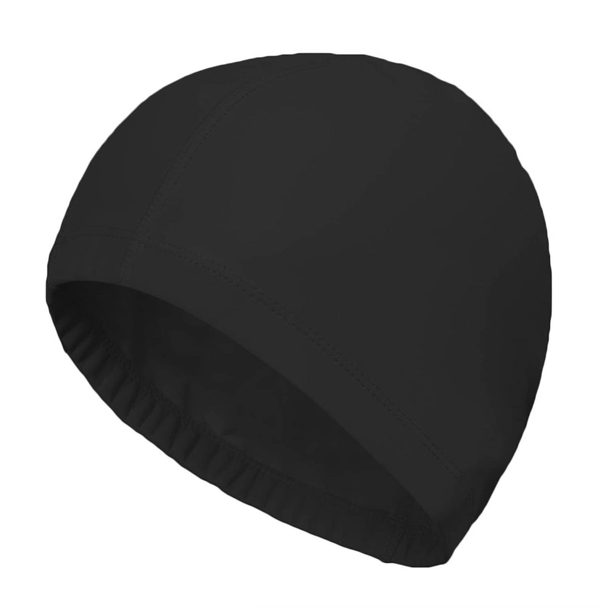 Black swim cap with stitched panels and elastic rim