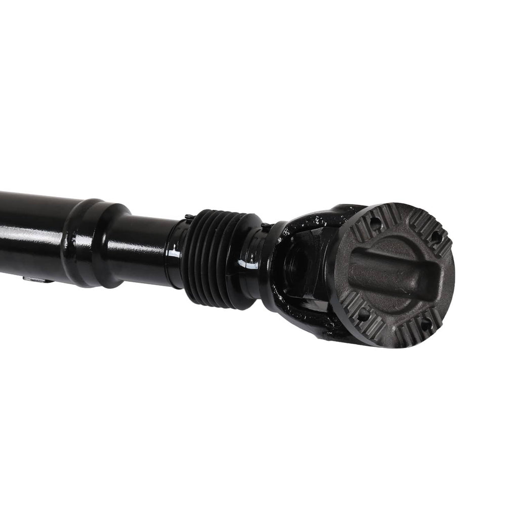 Black front driveshaft close-up of splined joint and differential-style housing