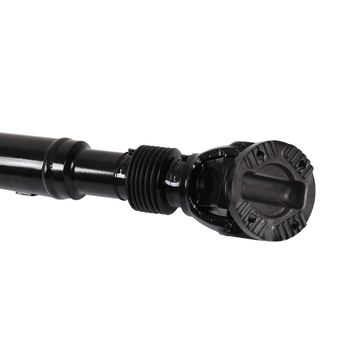 Black front driveshaft close-up of splined joint and differential-style housing