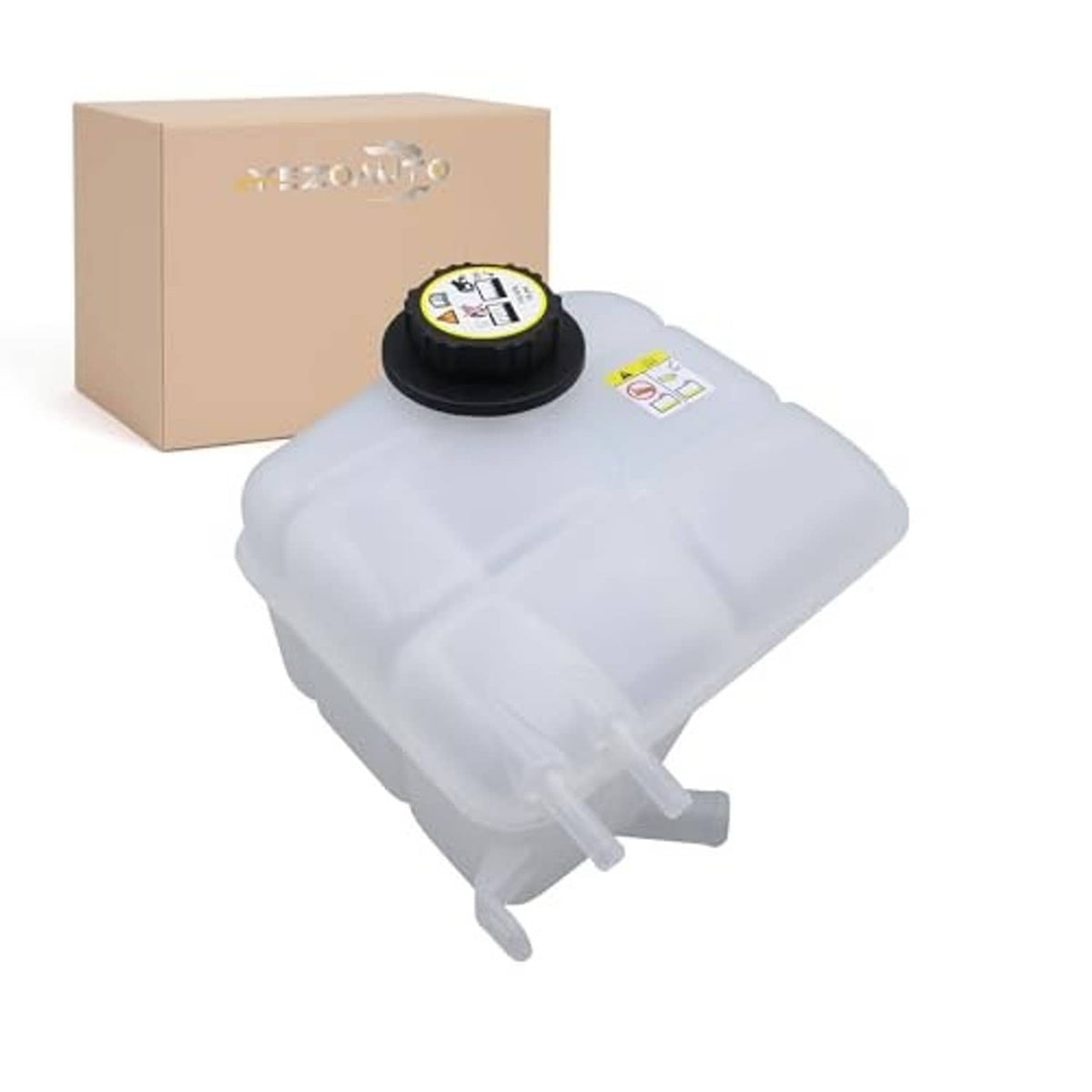 Pressurized coolant reservoir with black pressure cap, translucent white tank and side outlet.