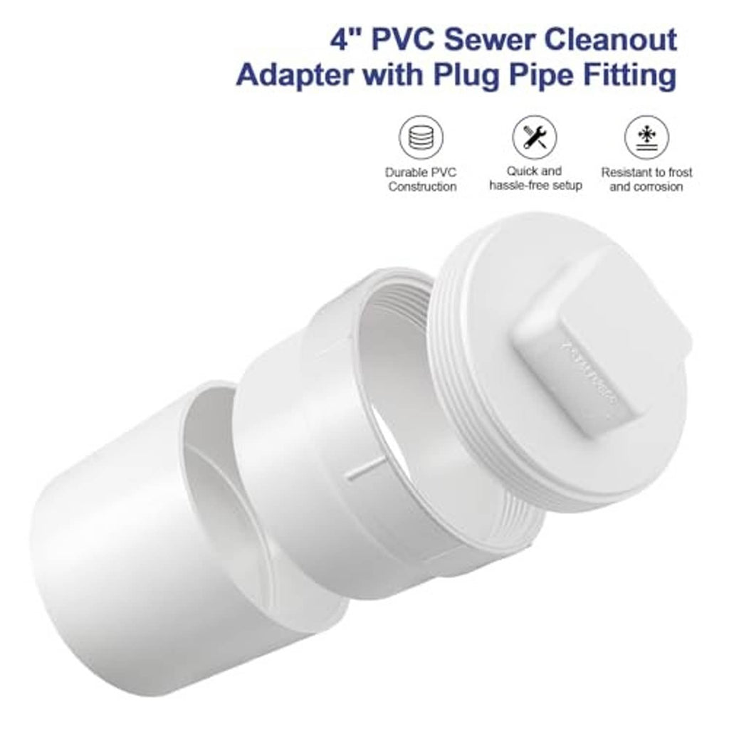 White PVC sewer cleanout adapter with plug pipe fitting and two-piece cap
