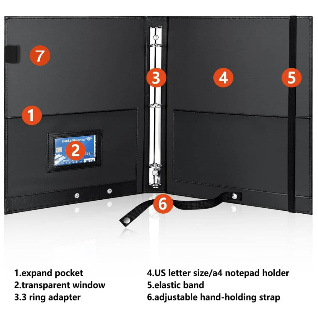 Black PU music folder with adjustable hand strap, elastic band, and pockets